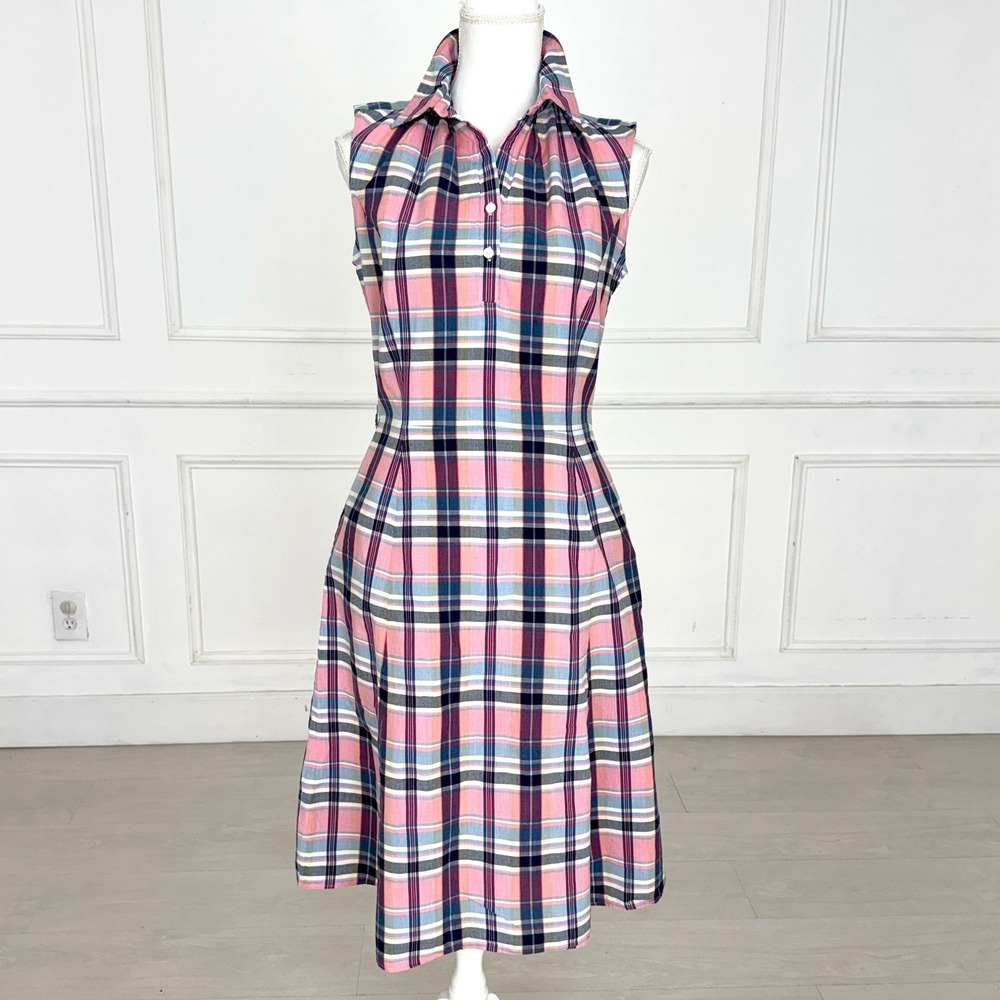 Brooks Brothers Womens Pink Blue Plaid Sleeveless Pleated A-Line Shirt Dress 8